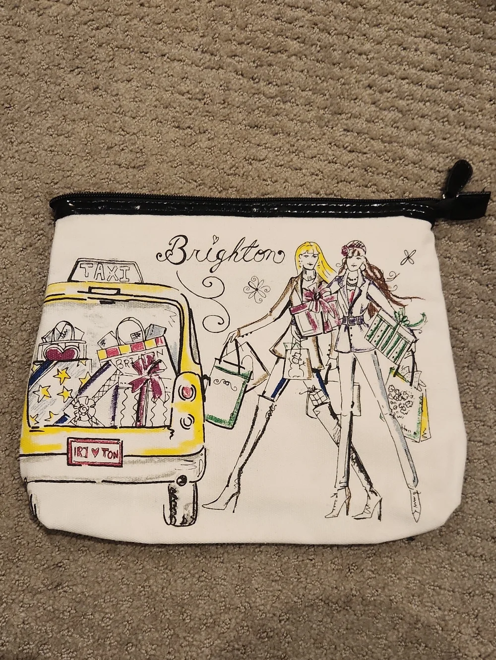 Brighton White Canvas Zip Pouch with Yellow Taxi Illustration